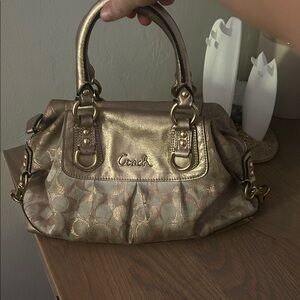 Coach Metallic Gold Logo Satchel with Leather Trim